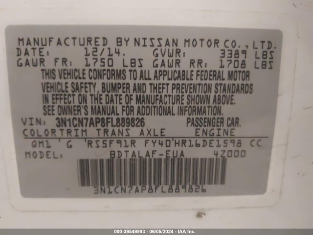 Nissan Versa 1.6 S 2015 3N1CN7AP8FL889826 Image 9
