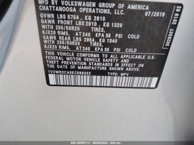 1V2WR2CA5KC589322 Volkswagen Atlas 3.6l V6 Se W/technology