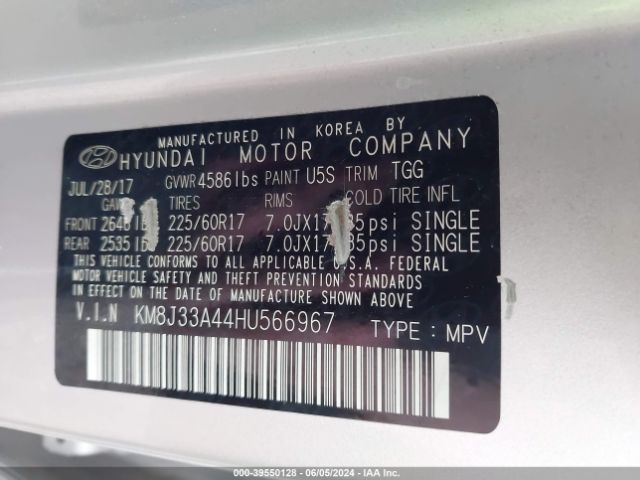 KM8J33A44HU566967 Hyundai TUCSON SE