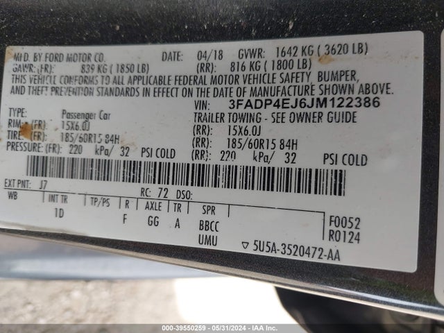 Ford FIESTA SE 2018 3FADP4EJ6JM122386 Image 9
