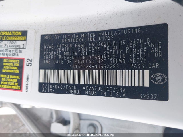 Toyota CAMRY SE 2022 4T1G11AK8NU662292 Image 9
