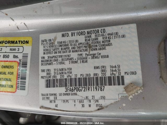 3FA6P0G72FR119787 Ford FUSION S