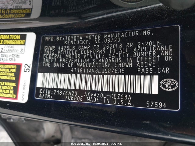 Toyota CAMRY SE 2020 4T1G11AK8LU987635 Image 9