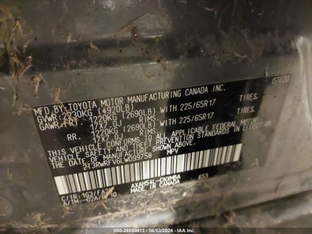 2T3RWRFV6LW099758 Toyota Rav4 Xle Hybrid