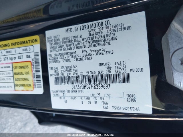 Ford FUSION SE 2017 3FA6P0HD7HR289697 Image 9