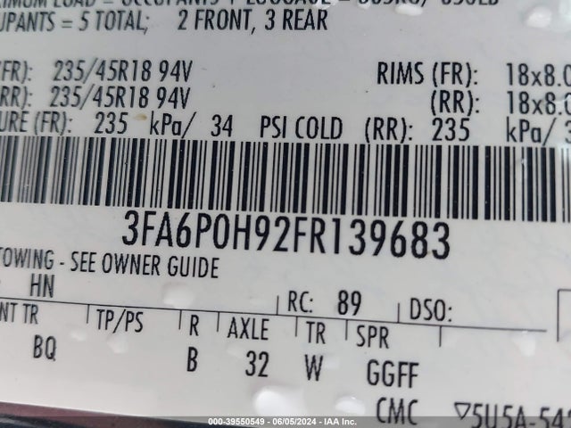 Ford FUSION SE 2015 3FA6P0H92FR139683 Image 9