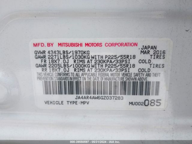 JA4AR4AW6GZ037283 Mitsubishi Outlander Sport 2.4 Gt