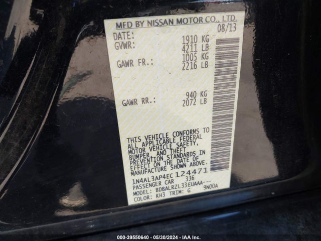 Aukcja sprzedaży 2014 Nissan Altima 2.5 S, vin: 1N4AL3AP4EC124471, numer aukcji: 39550640