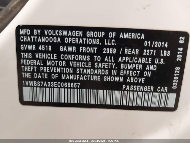 1VWBS7A33EC065657 Volkswagen Passat 1.8t Se