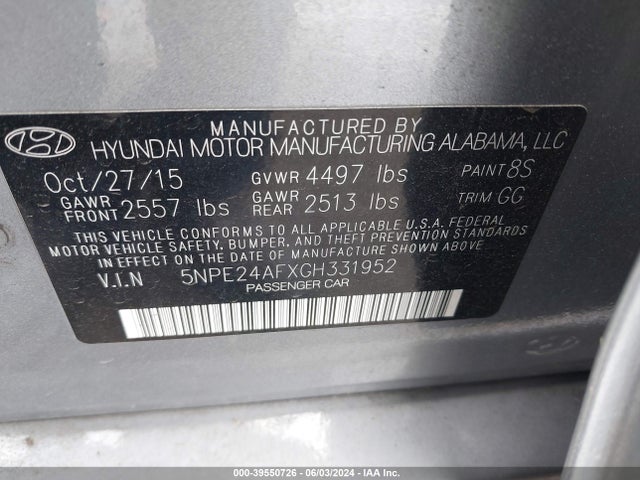Hyundai SONATA SE 2016 5NPE24AFXGH331952 Image 9