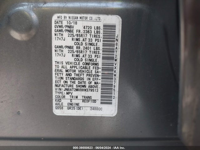 JN8AT2MVXKW379512 Nissan ROGUE SV