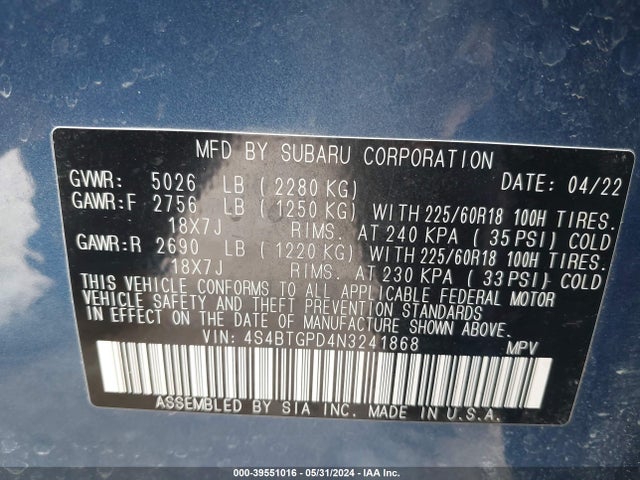 4S4BTGPD4N3241868 Subaru Outback Touring Xt
