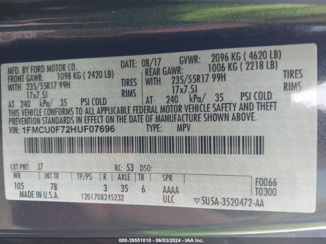Ford ESCAPE S 2017 1FMCU0F72HUF07696 Image 9