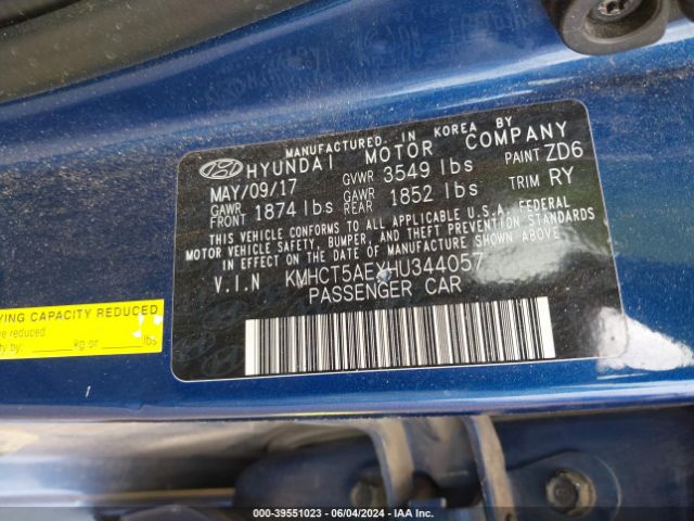 KMHCT5AEXHU344057 Hyundai ACCENT SE