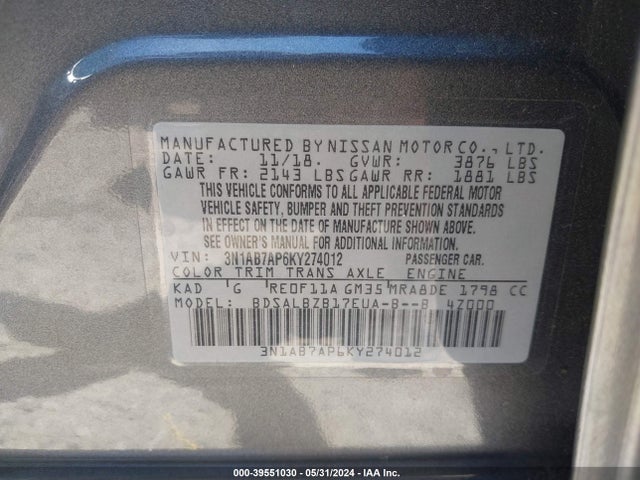 Nissan SENTRA S 2019 3N1AB7AP6KY274012 Image 9