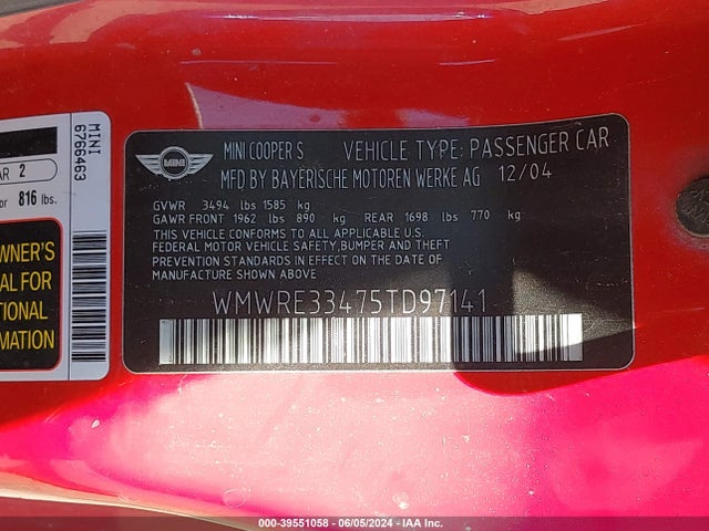 2005 MINI COOPER S WMWRE33475TD97141 Photo 8
