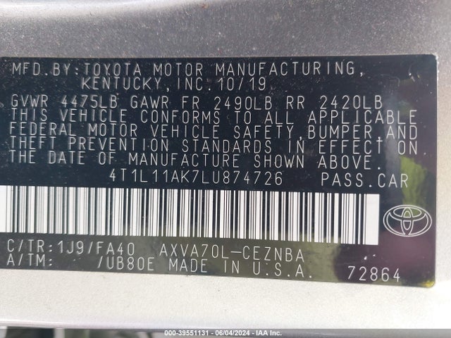 Toyota CAMRY LE 2020 4T1L11AK7LU874726 Image 9