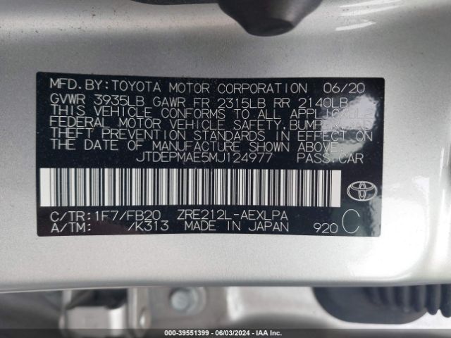 JTDEPMAE5MJ124977 Toyota COROLLA LE