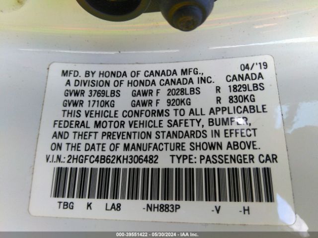 2HGFC4B62KH306482 Honda Civic Lx