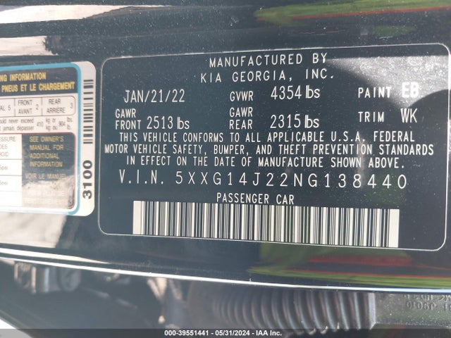 39551441 :رقم المزاد ، 5XXG14J22NG138440 vin ، 2022 Kia K5 Lxs مزاد بيع