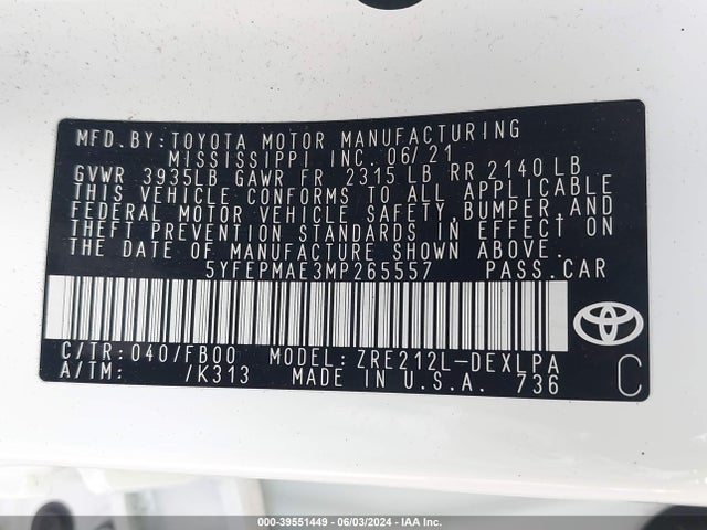 Toyota COROLLA LE 2021 5YFEPMAE3MP265557 Image 9