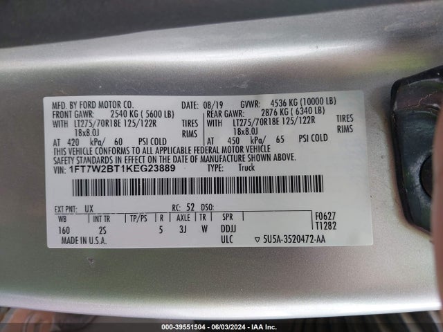 Ford F-250 Xlt 2019 1FT7W2BT1KEG23889 Image 9