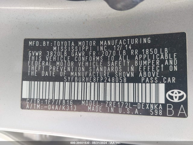 Toyota COROLLA LE 2015 5YFBURHE8FP248058 Image 9