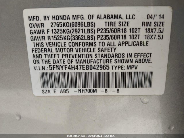 Honda Pilot Ex 2014 5FNYF4H47EB042965 Image 9