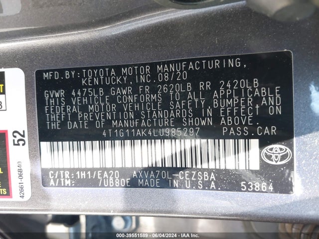 Toyota CAMRY SE 2020 4T1G11AK4LU985297 Image 9