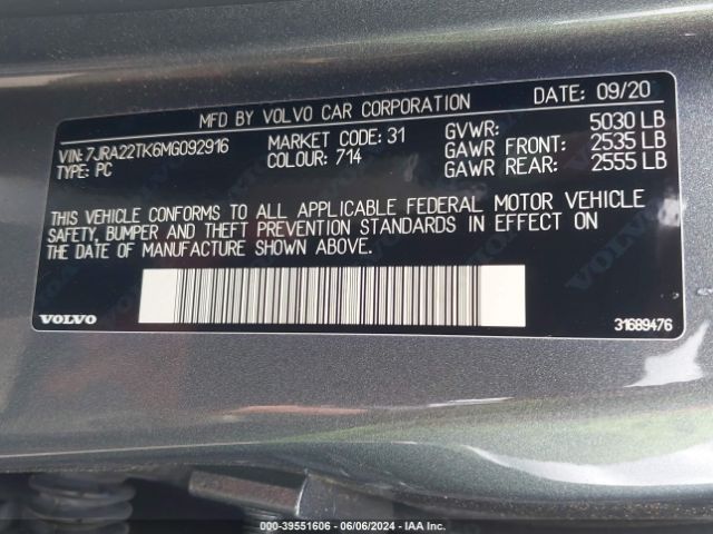 7JRA22TK6MG092916 Volvo S60 T6 Momentum