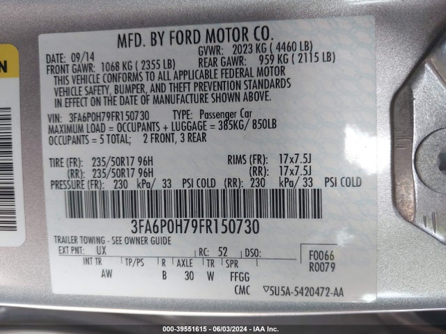 Ford FUSION SE 2015 3FA6P0H79FR150730 Image 9