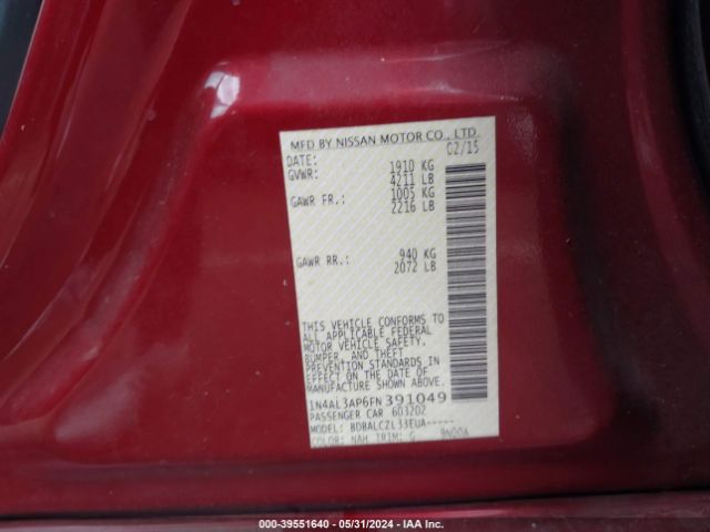 1N4AL3AP6FN391049 Nissan Altima 2.5/2.5 S/2.5 Sl/2.5 Sv