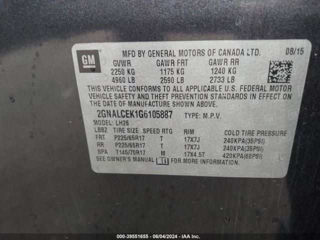 2GNALCEK1G6105887 Chevrolet EQUINOX LT