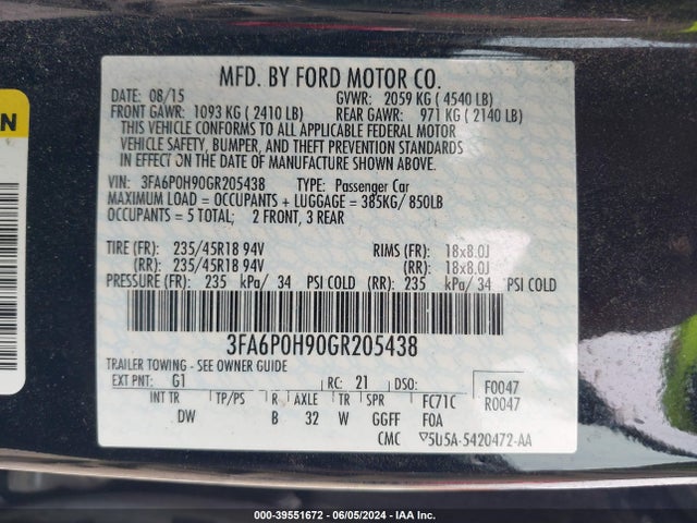 Ford FUSION SE 2016 3FA6P0H90GR205438 Image 9