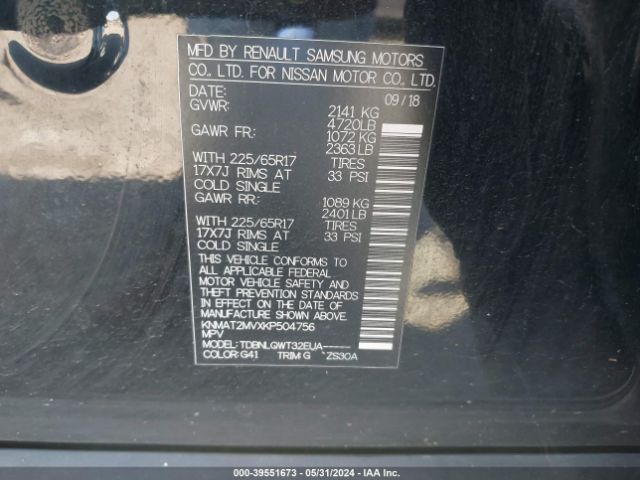 KNMAT2MVXKP504756 Nissan ROGUE SV