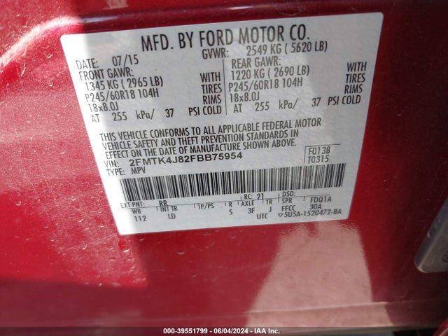 Ford EDGE SEL 2015 2FMTK4J82FBB75954 Image 9