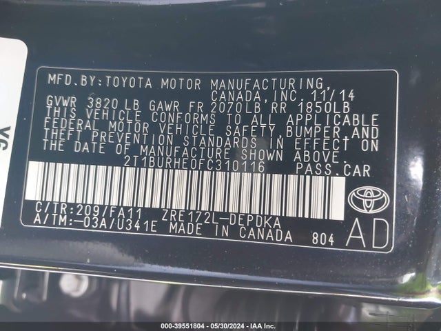 Toyota COROLLA L 2015 2T1BURHE0FC310116 Image 9