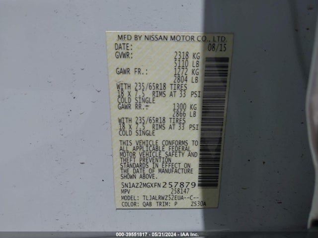 Nissan MURANO SL 2015 5N1AZ2MGXFN257879 Image 9
