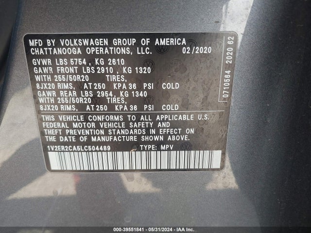 1V2ER2CA5LC504489 Volkswagen Atlas 3.6l V6 Sel