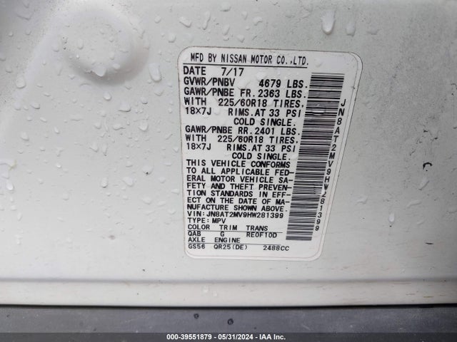 Nissan Rogue Sl 2017 JN8AT2MV9HW281399 Image 9