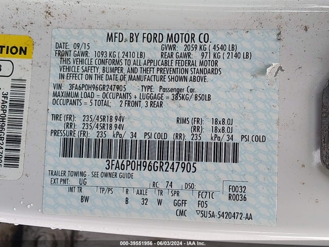 Ford FUSION SE 2016 3FA6P0H96GR247905 Image 9