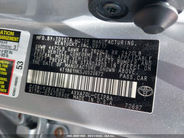 4T1B61HK5JU520672 Toyota CAMRY XSE