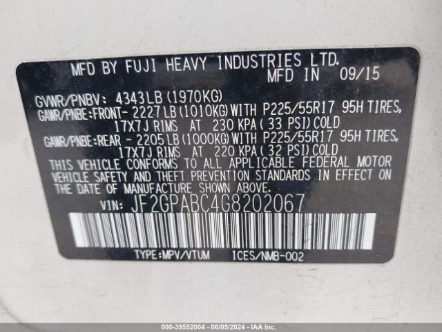 JF2GPABC4G8202067 Subaru Crosstrek 2.0i Premium