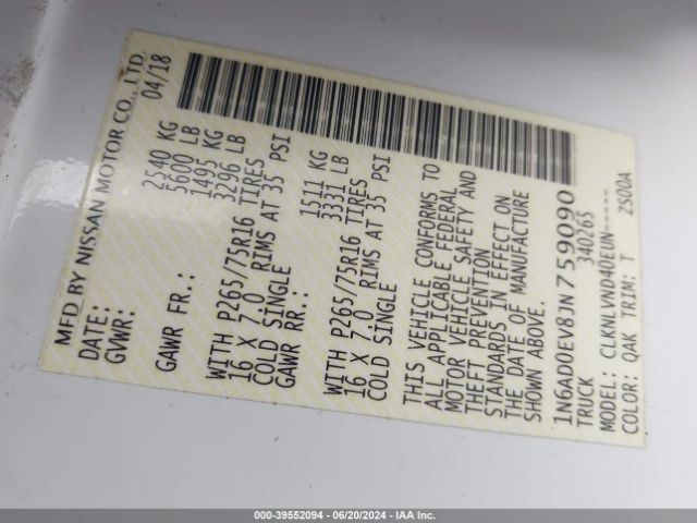 1N6AD0EV8JN759090 Nissan Frontier Pro-4x