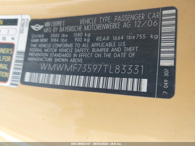 2007 MINI COOPER S WMWMF73597TL83331 Photo 8