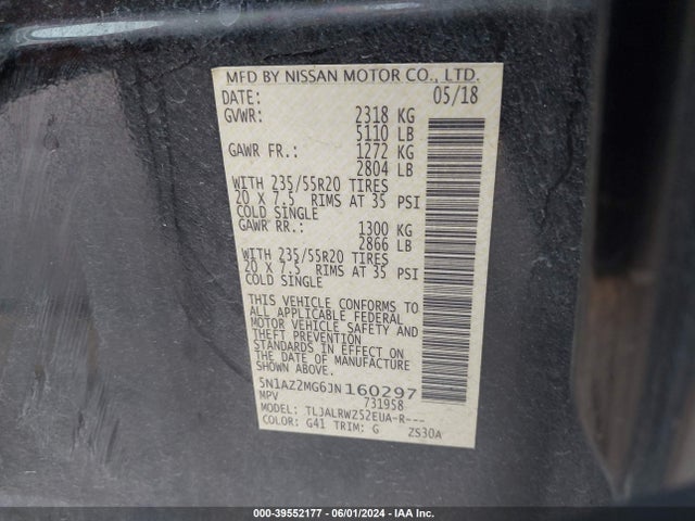 Nissan MURANO SL 2018 5N1AZ2MG6JN160297 Image 9