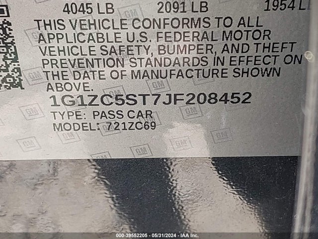 Chevrolet Malibu 1fl 2018 1G1ZC5ST7JF208452 Image 9