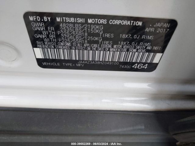 JA4AZ3A38HZ049100 Mitsubishi Outlander Se