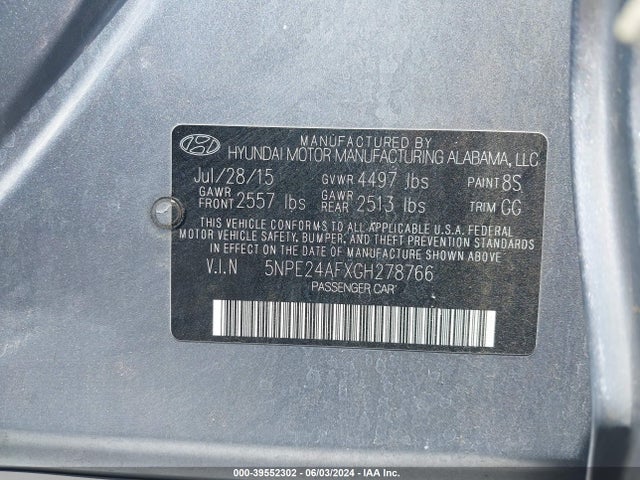 Hyundai SONATA SE 2016 5NPE24AFXGH278766 Image 9