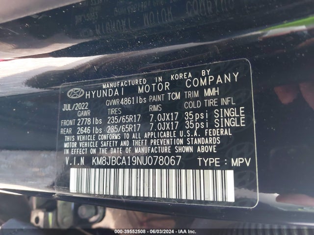 KM8JBCA19NU078067 Hyundai Tucson Hybrid Blue